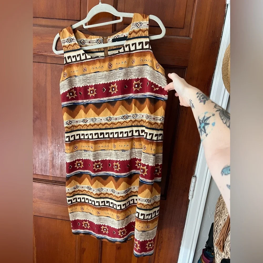 Southwestern Print Mini Dress Vintage Aztec Tribal Desert Boho Dress M/L